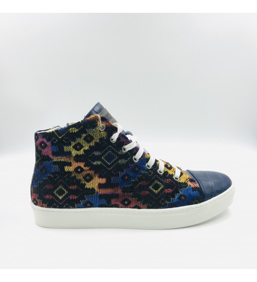Handmade shoes Multi color Hypno Gobelin with Blue coco leather
